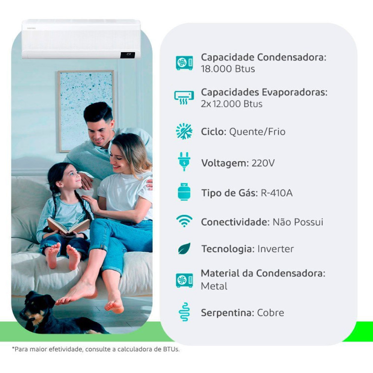 Imagem do produto Ar Condicionado Multi Split Samsung Windfree 18000 BTUS 2x Evap 12000 Quente e Frio 220V Imagem do produto Ar Condicionado Multi Split Samsung Windfree 18000 BTUS 2x Evap 12000 Quente e Frio 220V