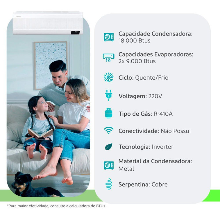 Imagem do produto Ar Condicionado Multisplit Inverter Windfree Samsung 18000 BTUs (2evap 9000) Quente/Frio 220V Monofásico