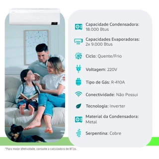 Ar Condicionado Multisplit Inverter Windfree Samsung 18000 BTUs (2evap 9000) Quente/Frio 220V Monofásico